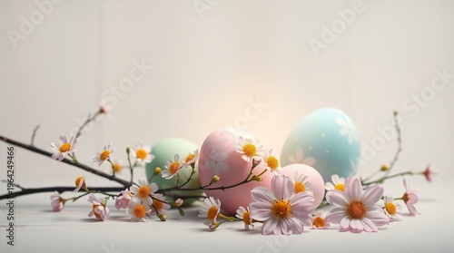 beautiful hand-painted Easter eggs in soft pastel colors with delicate cherry blossom and daisy floral patterns