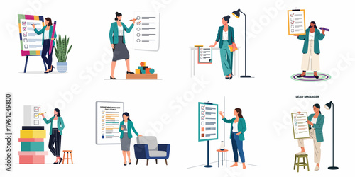 Fotografie Set of professional businesswomen managing tasks and ticking off checklists to show productivity and goal achievement in a corporate setting