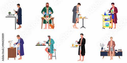 Diverse set of men in bathrobes performing their morning routines, preparing and eating breakfast in a flat vector illustration style.