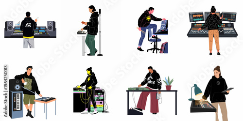 Collection of diverse music producers and sound engineers working with professional audio equipment in a studio environment, flat vector illustration.