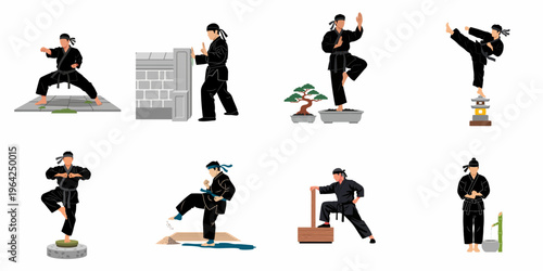 Collection of flat vector illustrations depicting various martial arts poses, training exercises, and techniques performed by a man in a black karate gi.