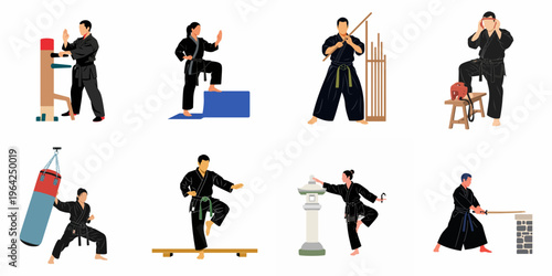 Collection of flat vector illustrations depicting various martial arts practitioners training with traditional equipment and weapons in a minimalist style.