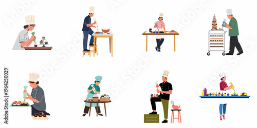 Set of professional pastry chefs and bakers decorating cupcakes with frosting using piping bags, flat vector illustration collection isolated on white background.