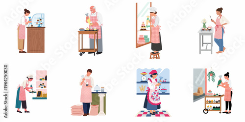 Flat vector illustration set of diverse bakers and pastry chefs decorating cupcakes and cakes in various bakery and kitchen settings.