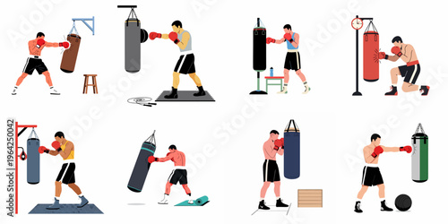 Collection of various flat illustrations showing male boxers training and practicing punches with heavy bags and speed bags in a gym environment.