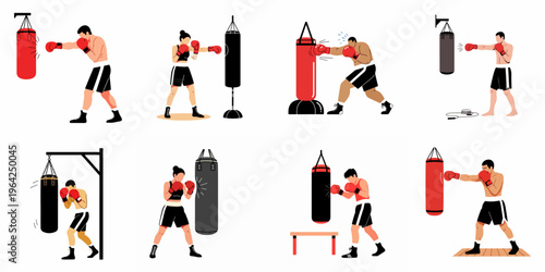 A collection of flat vector illustrations depicting diverse male and female boxers training with punching bags in various poses and gym settings.