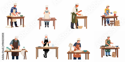 Set of professional and home bakers preparing dough at wooden tables with various baking tools, isolated flat vector illustration for culinary concepts.