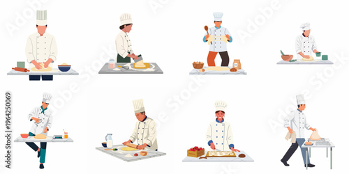 Collection of professional pastry chefs and bakers preparing dough and baking bread in a commercial kitchen illustration.