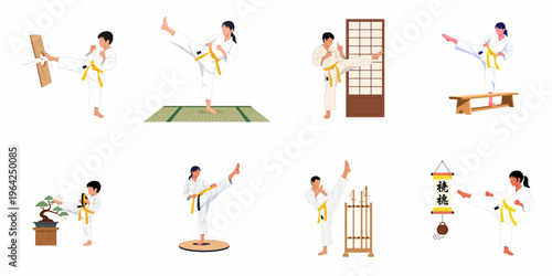 Collection of Flat Vector Illustrations Featuring Diverse People Practicing Karate Martial Arts with Traditional Training Equipment on a White Background.