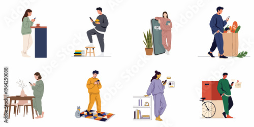Vector illustrations of various people using smartphones for different daily activities like online shopping, navigation, and social media in a flat design style.