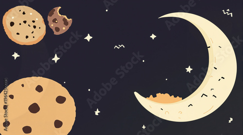 Cute Night Scene with Chocolate Chip Cookies as Planets and a Crumb filled Moon