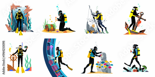 Vector illustrations of scuba divers exploring underwater scenes including shipwrecks, treasure chests, and marine life in a flat design style.