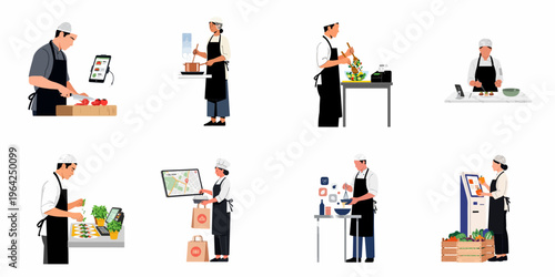 Set of professional chefs and restaurant staff using modern technology for food preparation, online ordering, and delivery management in a digital kitchen.