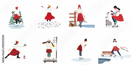 Collection of winter illustrations featuring a woman ice skating and enjoying outdoor seasonal activities in a cozy white sweater and red pleated skirt.
