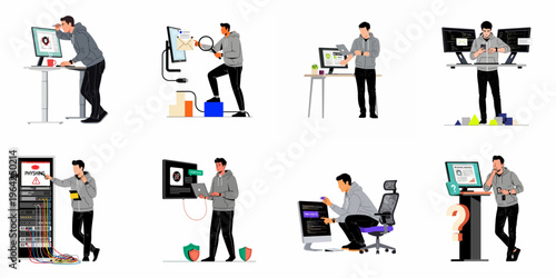 Collection of flat vector illustrations depicting a cybersecurity expert investigating phishing attacks, monitoring server networks, and managing digital security protocols.
