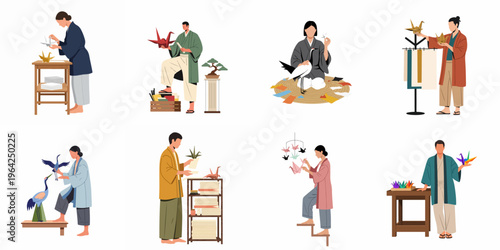 Set of illustrations of people in traditional Japanese clothing practicing the art of origami and creating paper cranes in various scenes.