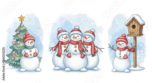 Cheerful snowmen with decorated Christmas tree, festive winter holiday scene, snowy background, birdhouse with snow, joyful seasonal illustration artwork design