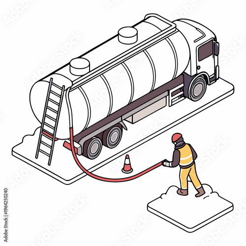 An isometric illustration of a worker in a safety vest refueling a large tanker truck with a red hose