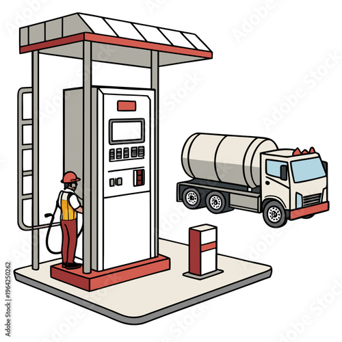 A cartoon illustration of a man refueling a large tanker truck at a gas station with a