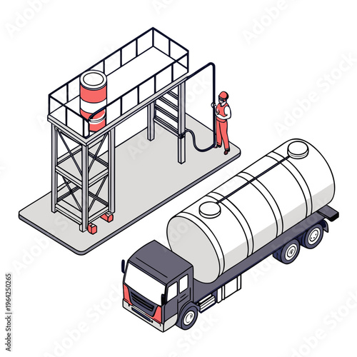 Isometric illustration of a tanker truck refueling at an industrial station with a worker