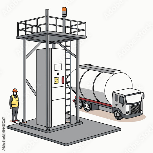 Industrial worker standing next to large storage tank and truck on loading platform with safety gear