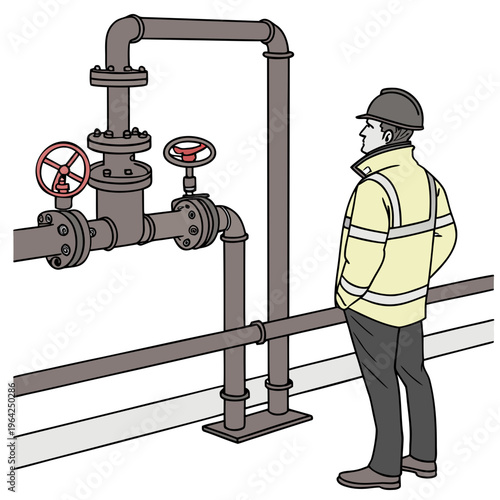 An illustration of a man in a safety vest looking at industrial pipes and valves