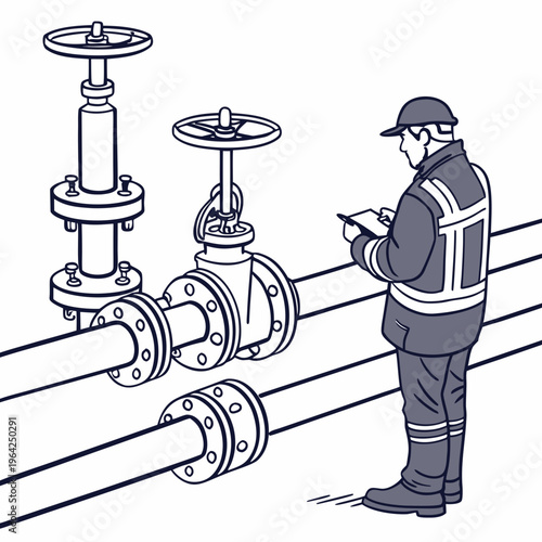 An industrial worker in a safety uniform inspecting large pipe valves with a clipboard in a detailed line drawing style