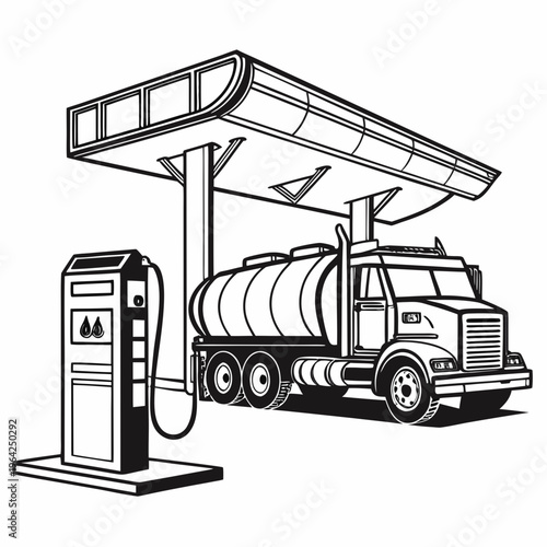 Black and white illustration of a tanker truck refueling at a gas station with a large canopy