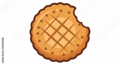 A round, golden-brown cookie with a bite taken out of it and a waffle pattern