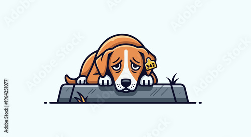 A sad, brown and white dog with tag lies on a stone block