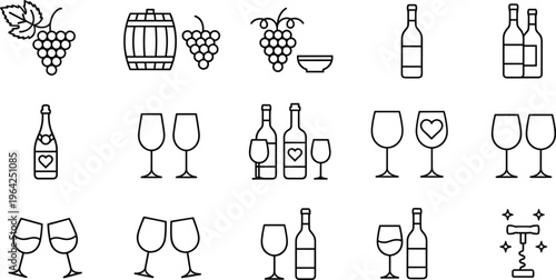 Wine Icon Set Featuring Grapes Bottles Glasses and Barrel Outline Vector Illustration for Vineyard Branding Restaurant Menus and Wine Tasting Events