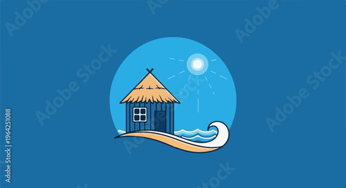A stylized depiction of a hut by the sea under a bright sun