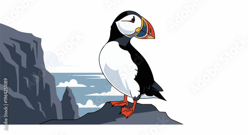 A stylized puffin stands on a rocky outcrop by the sea
