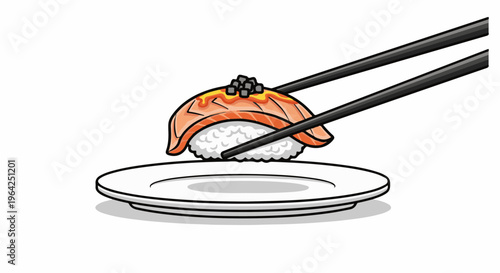 Chopsticks lifting a salmon nigiri sushi with toppings over a plate