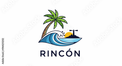 Coastal scene with a palm tree, wave, sun, and lighthouse, with text