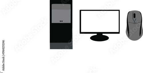 Desktop computer setup, CPU tower, monitor screen, computer mouse, hardware equipment, technology design, office workstation, electronics illustration, black artwork