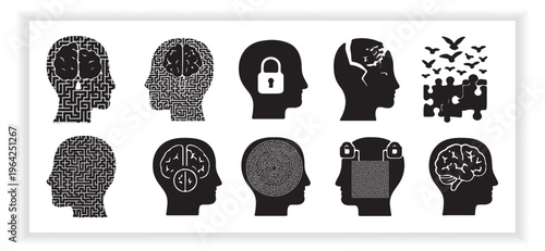  Professional mental health vector illustration set featuring conceptual human head silhouettes for psychology and emotional distress