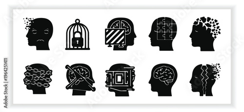 Conceptual brain and mind silhouettes depicting stress, depression, fractured thoughts, and cognitive processing for medical design.