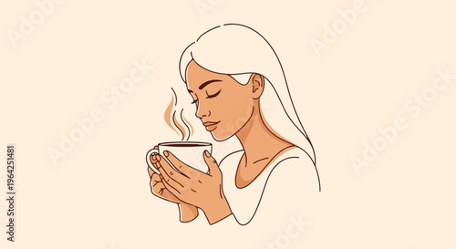 Young woman enjoys the aroma of a warm beverage in a simple drawing