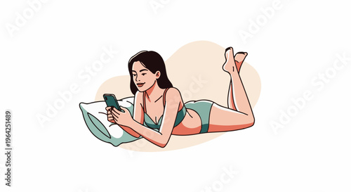 Woman relaxing on pillow, looking at smartphone