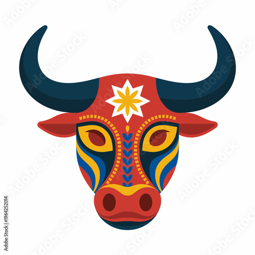 Colorful stylized bull head with intricate mandala pattern on forehead isolated on white background, Vector, illustration