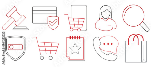Set of E-commerce, Online Shopping, and Customer Support Line Art Icons