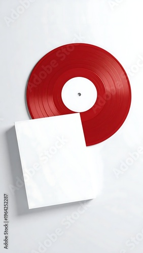 Red Vinyl Record with Blank White Sleeve on White Background.