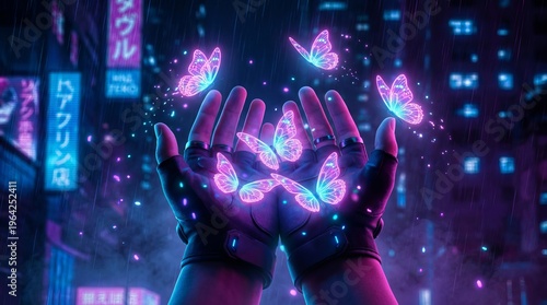 Hands releasing glowing neon butterflies in a vibrant, futuristic cityscape at night