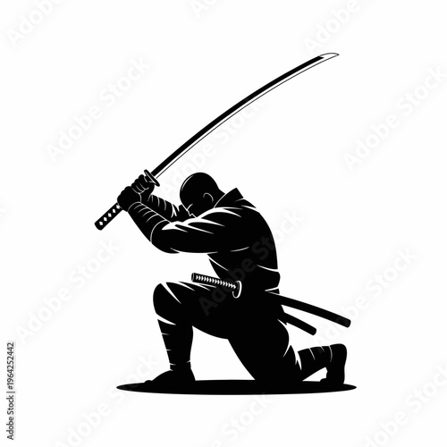 Silhouette of a ninja kneeling with dual swords in readiness pose isolated on white background, Vector, illustration