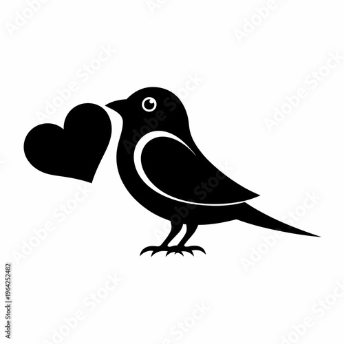 A stylized black bird holding a heart with its beak in silhouette isolated on white background, Vector, illustration