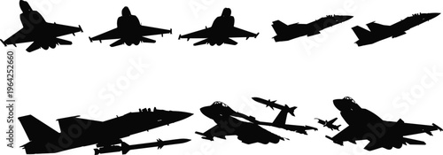 Military fighter jet silhouettes, aircraft design, combat planes, missile attachments, war concept, defense technology, aviation artwork, black illustration, aerial combat