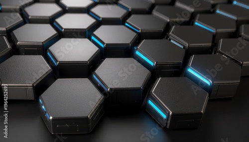 Dark Grey Hexagonal Pattern with Blue Glowing Edges, Futuristic Tech Background