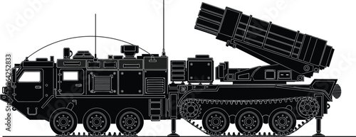 Military missile launcher vehicle silhouette, defense technology, armored truck, missile tubes, combat equipment, war concept, strategic operation, black illustration artwork