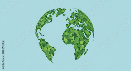 Green earth globe made of leaves on light blue background symbolizing eco friendly environment and sustainability